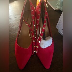 Red Studded Pointed-Toe Heels